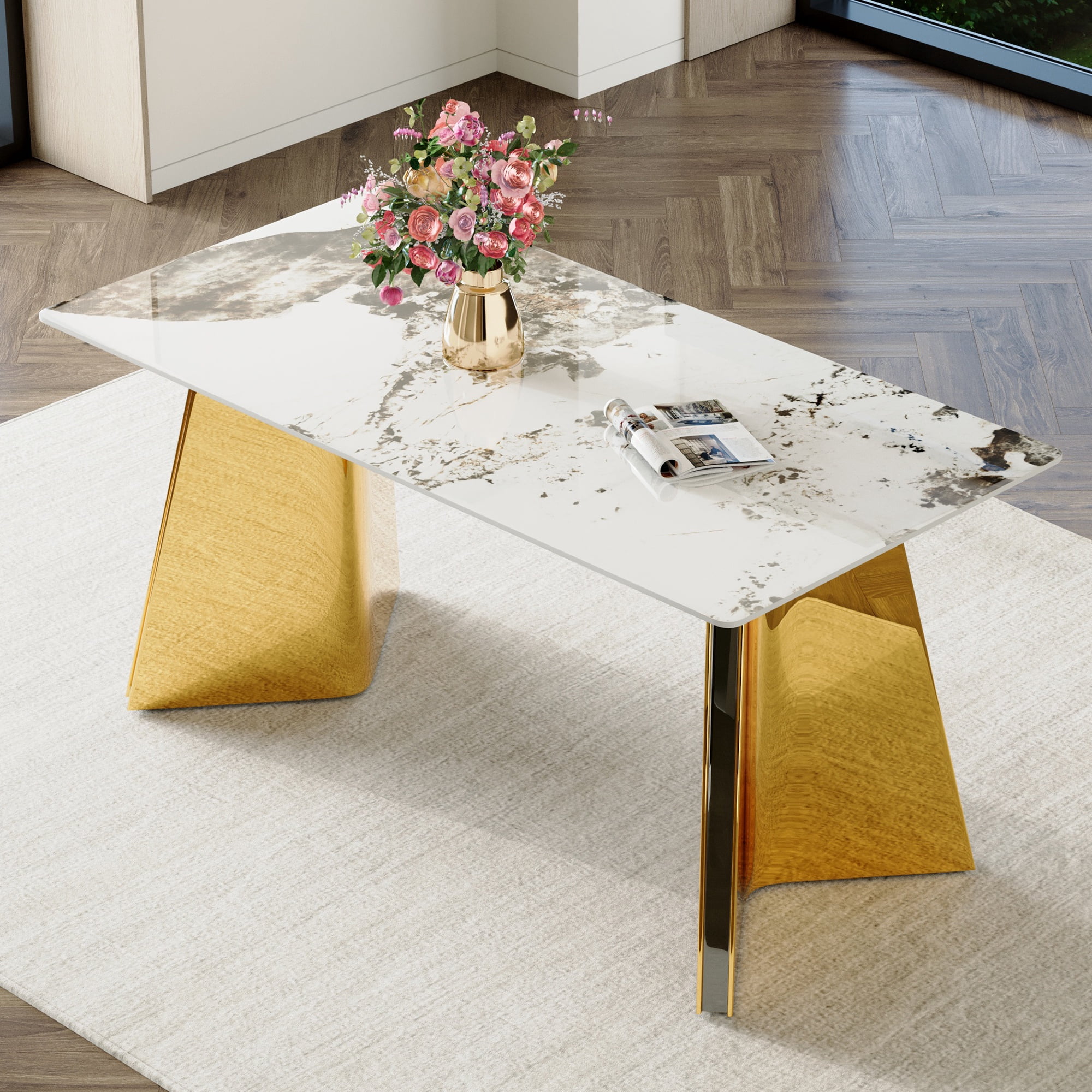 PORKISS Rectangular Dining Table for 4-6 People, Kitchen Table with Pandora Patterned Sintered Stone Top and Golden Stainless Steel Butterfly Legs, Scratch and Heat Resistant, White+Gold #1