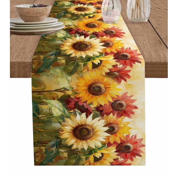 Summer Sunflowers Table Runner 48 Inches, Abstract Oil Painting Red Yellow Floral Bed Runner Dresser Scarves Tabletop for Indoor Outdoor Parties/Ceremony/Banquet, 13" x 48"