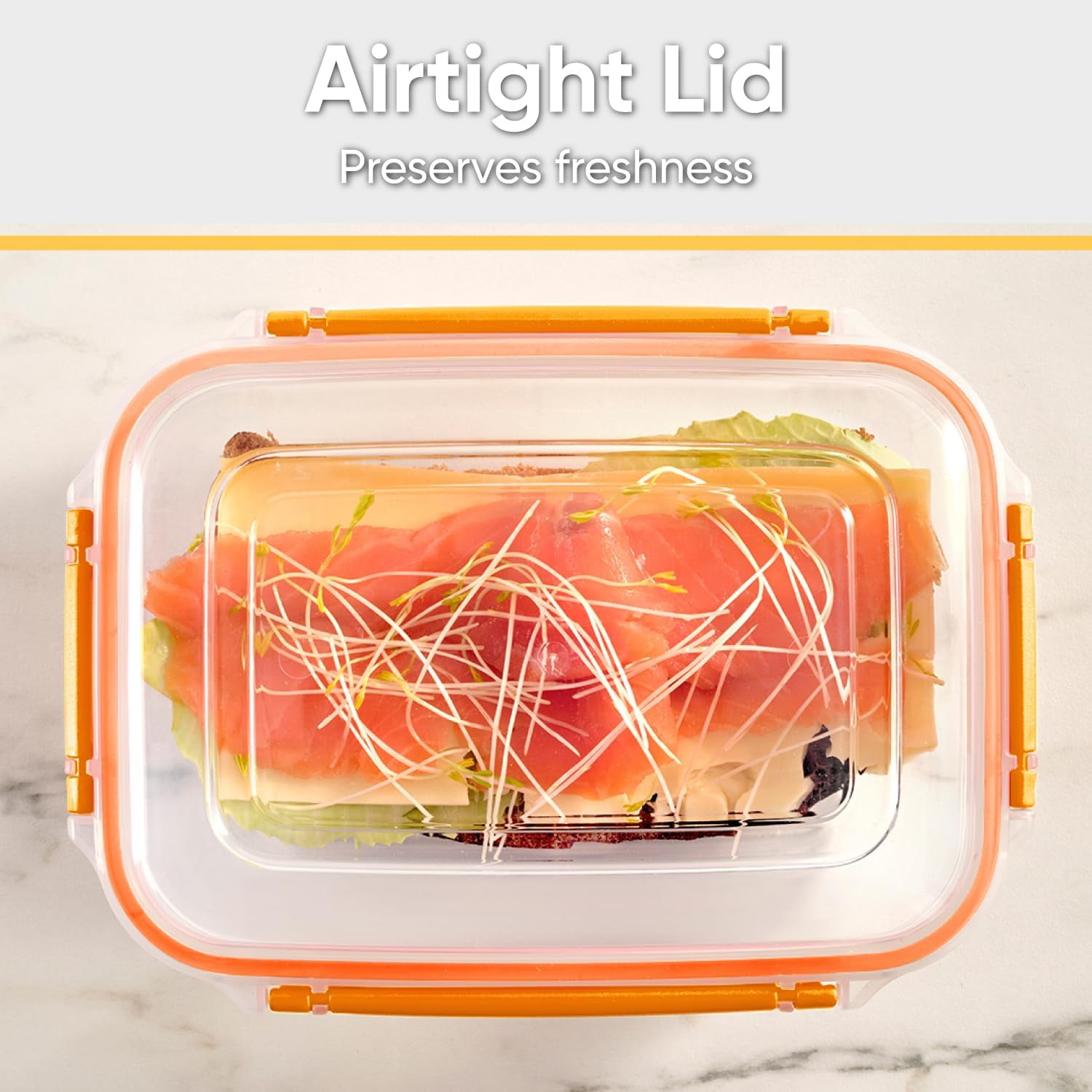 Superio Lock and Fresh Airtight Food Storage Containers with Lids for Kitchen Pantry Organization, BPA Free, Meal Prep Plastic Containers, 80 oz. Rectangular Sealed Container, Orange, 6 pack