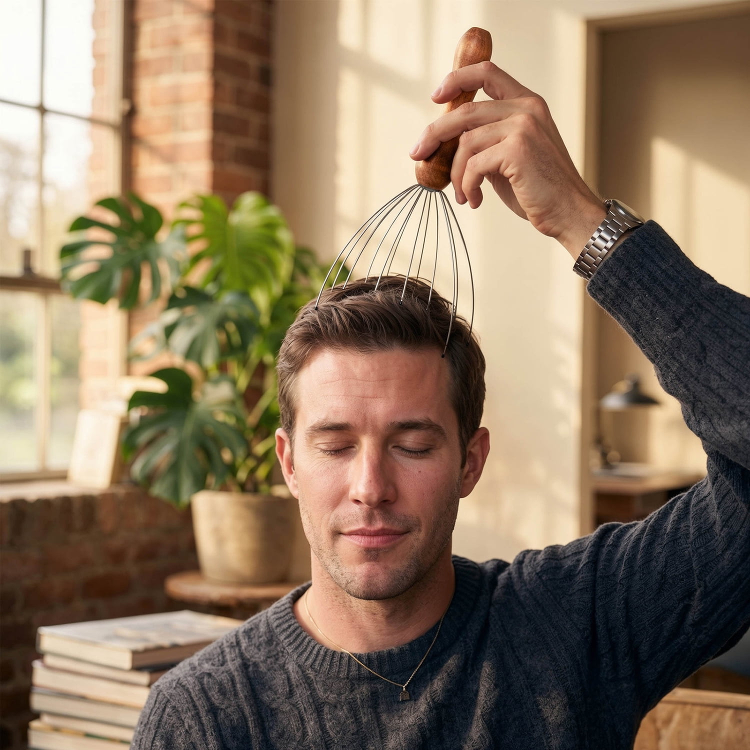 Brookstone Handheld Scalp Massager, Wood, WL1175-BRA