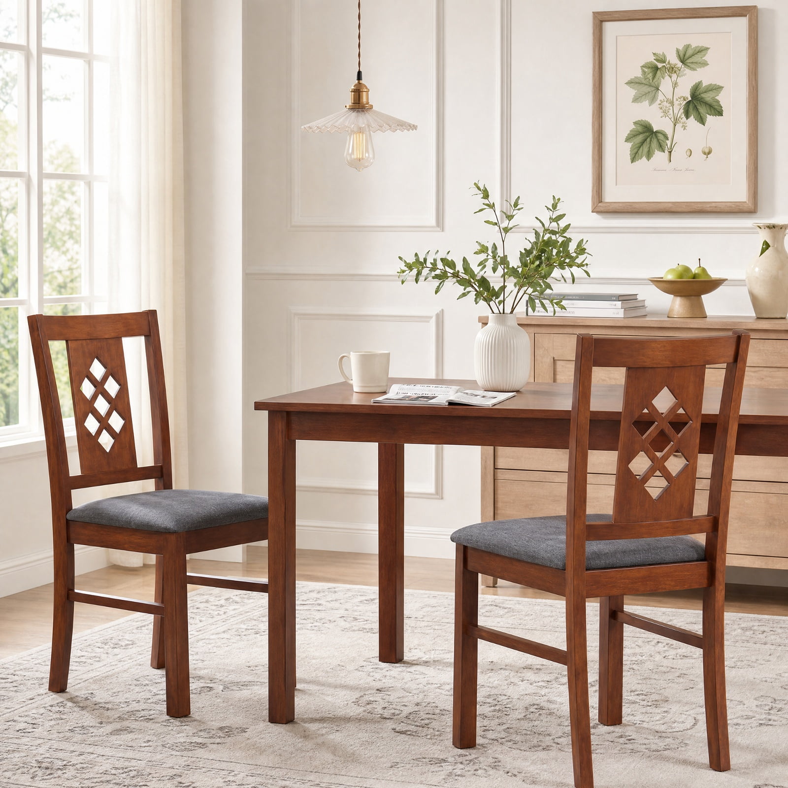 Furnibear Linen Style Upholstered Dining Chairs Set of 2 with Diamond Tufted Backrest and Rubber Wood Frames for Kitchen and Dining Room, Cherry