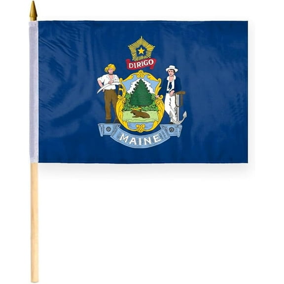 Promo Patriot's Maine State Stick Flag 12x18 Inch - with 24 inch Wooden Pole, Single Ply Polyester, Reverse Print - Handheld Desk State of Maine ME Flag
