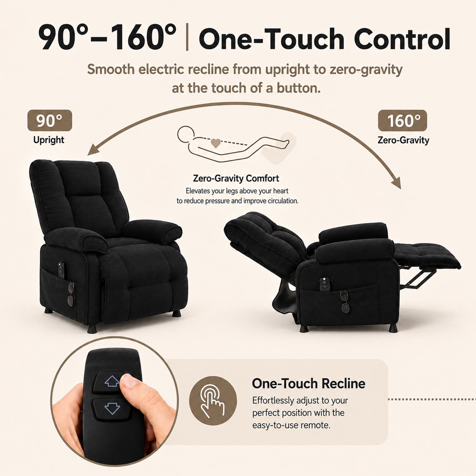 Leumius Recliner Chair, Ergonomic Tufted Cushion Single Recliner with Chenille Fabric, Side Storage Pocket, Anti-Slip Wooden Legs, 300lbs Capacity for Living Room Bedroom Gaming Lounge,Dark Gray