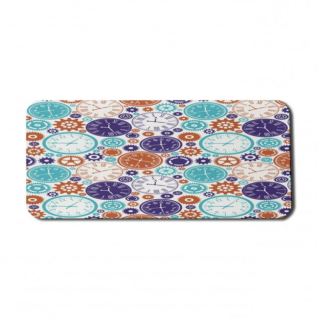 Clock Computer Mouse Pad, Vintage Clock Mechanism Roman Numbers Hour and Minute Hand Pattern Print, Rectangle Non-Slip Rubber Mousepad X-Large, 35" x 15", Blue and Dark Orange, by Ambesonne
