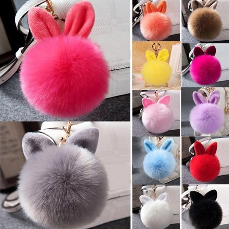 - Girl12Queen Soft Rabbit Ear Faux Fur PomPom Ball Phone Bag Hanging Pendant Handbag Keychain