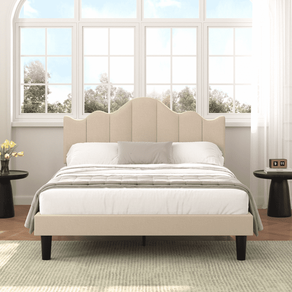 VECELO Upholstered Platform Bed Frame with Height Adjustable Headboard, Mattress Foundation No Spring Box Need, Full, Beige