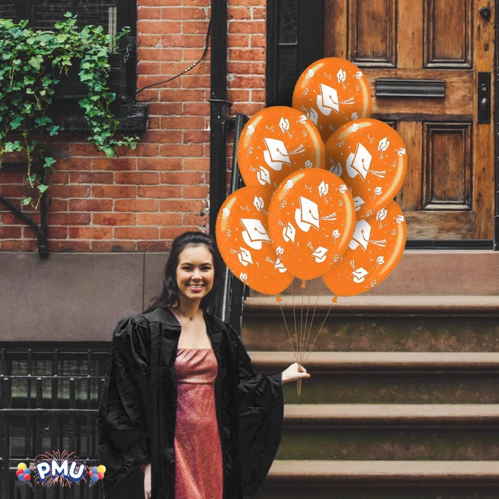 PMU 100 Pcs Graduation Balloons PartyTex 11 inch Premium Orange with All-Over Print White Grad Caps-Confetti and Streamers Graduation Party Decorations