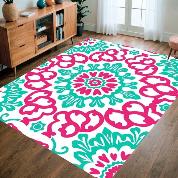 ODIKA 8'x10' Machine Washable Non-Slip Area Rug, Chic Retreat with Elegant Pink and Motifs High Traffic Rug, Pink, 316508