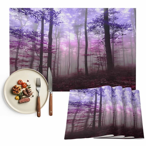 Placemats Set of 6, Purple Pink Forest Place Mats Misty Forest Trees Nature Tablemats Washable Placemat Table Decoration for Kitchen Table Dinner Party Home Decor Indoor Outdoor 13x19 Inch