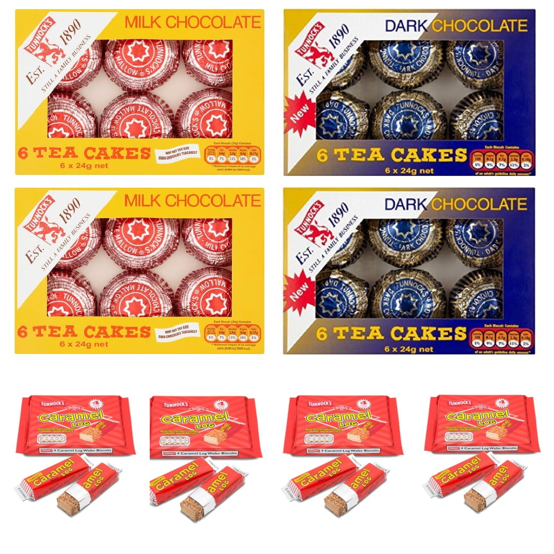Tunnock's Milk Chocolate Tea Cakes 6pk x 2 Dark Chocolate Tea Cakes 6pk x 2 Caramel Log 4pk x 4