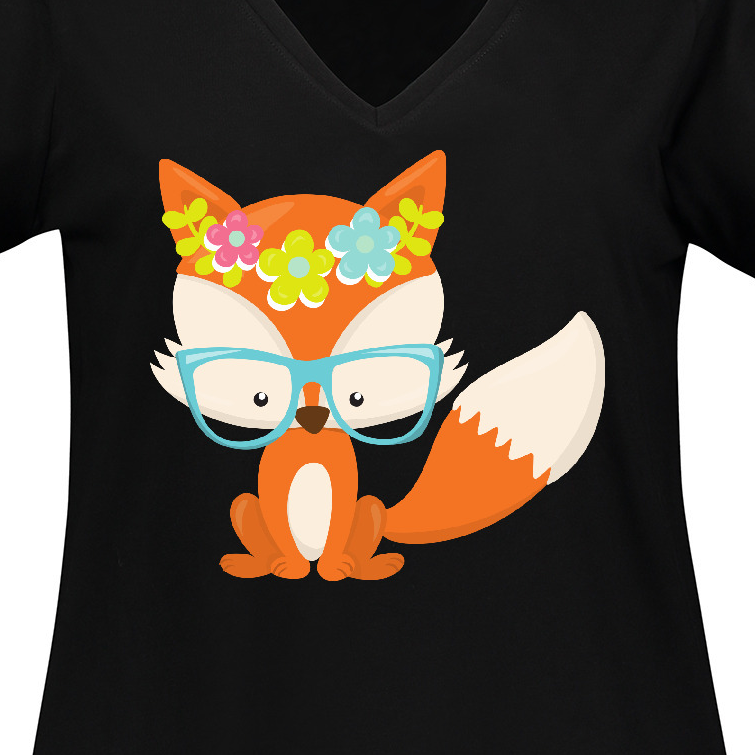 Inktastic Hipster Fox, Fox with Glasses, Colorful Flowers Women's Plus Size V-Neck T-Shirt - image 3 of 4