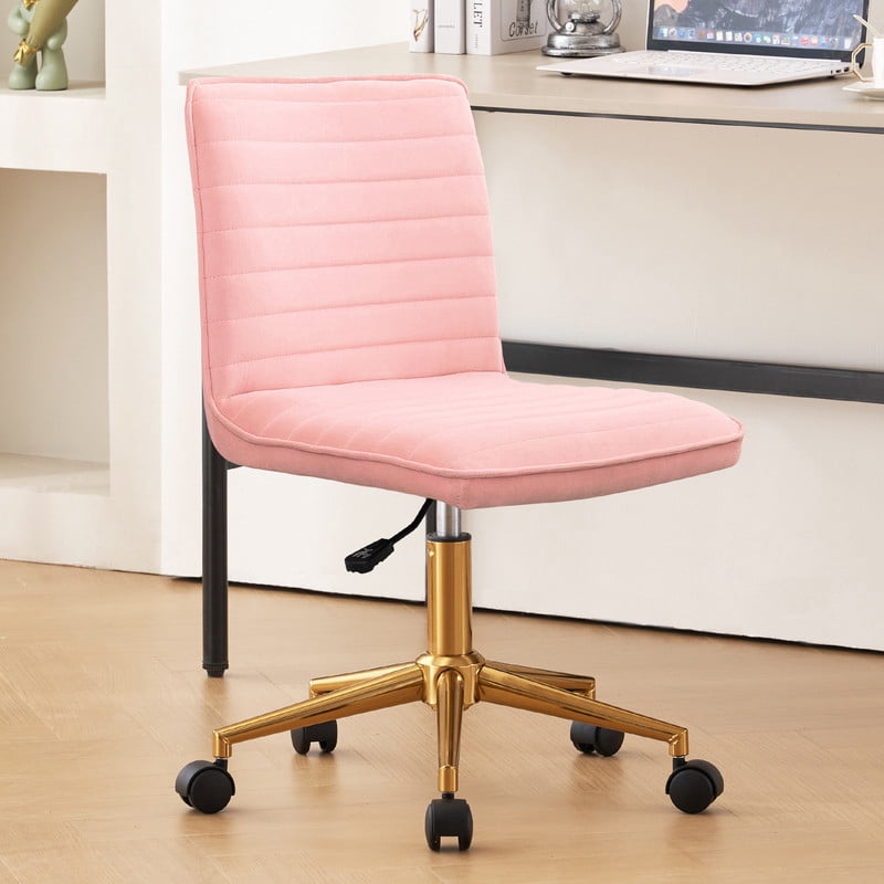 Modern Armless Office Chair, Adjustable Height Upholstered Desk Chair with Rolling Casters and Gold Metal Base, Task Chair for Home Office, Vanity, Bedroom,Pink
