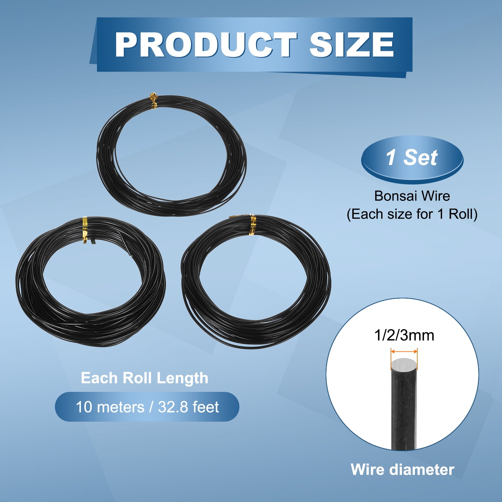 Uxcell 3 Roll Bonsai Wire 1/2/3mm Each Roll 32.8ft (10m) Anodized Aluminum Bonsai Wire for Gardening Tree Branch Fixing DIY Crafting, Black