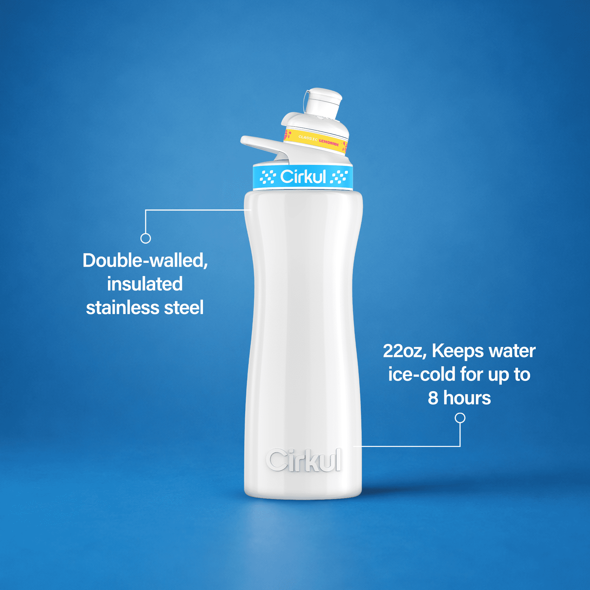 Cirkul 22 oz. White Stainless Steel Bottle with Blue Lid & Squeeze Lemonade® Classic Lemonade Flavor Cartridge, No Sugar, Zero Calories