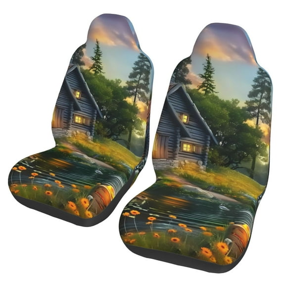 Sigee Cozy Cottage Lakeside Sunset for Universal Car Seat Covers, Premium Car Seat Protector Set for Cars, SUVs, Trucks