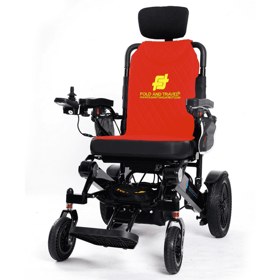 Fold And Travel Auto Recline Lightweight Foldable Electric Power Portable Wheelchair - Red Seat, Black Frame