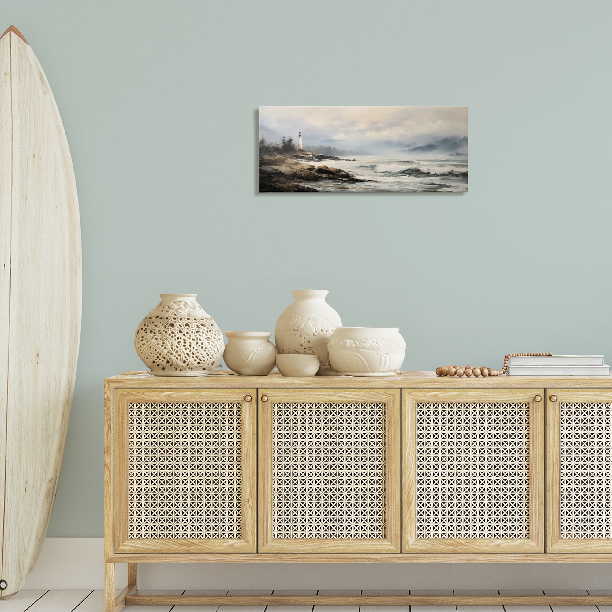 Stupell Industries Coastal Lighthouse Waves Coastal Painting Gallery Wrapped Canvas Art Print Wall Art, 30 x 13