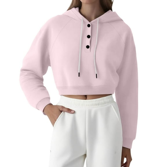 ManxiVoo Women's Cropped Button Front Hoodie Lapel Raglan Sleeve Casual Loose Fit Pullover M Size Pink