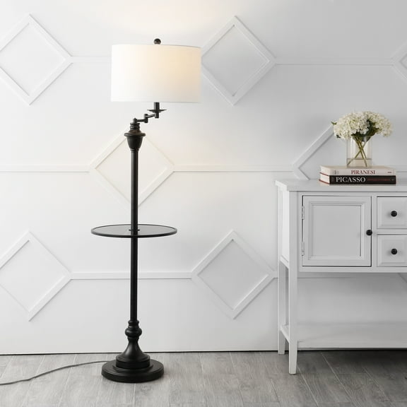 JONATHAN Y Cora 60" Metal/Glass LED Side Table and Floor Lamp, Black, JYL3055D