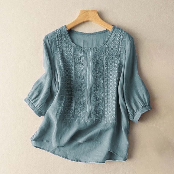 Women's Embroidered Casual Top, 3/4 Sleeve Pleated Cotton Linen Shirt, Soft Loose Fit Solid Color T-Shirt for Work, Dating, Vacation and Everyday Summer Outfits Blue L