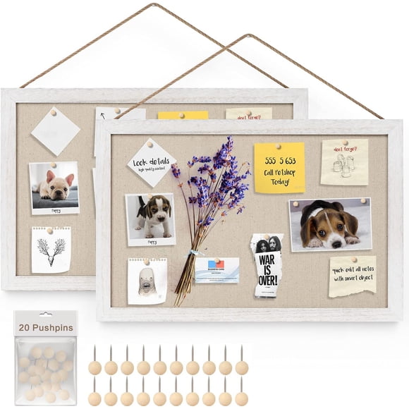 Miratino 2-Pack Cork Board with Linen 16x11 inch Bulletin Board Office Decor Hanging Pin Wood Framed Display Picture Vision Board Light for Wall Scho
