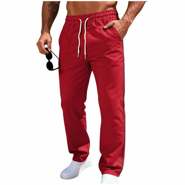 Lovzfmll Men's Solid Color Relaxed Fit Sweatpants, Elastic Drawstring Waist, Pockets, Straight-Leg for Comfort Red, 2XL