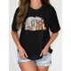 thumbnail image 1 of Women's Comfy T-Shirt with Charming Cat & Books Print - Casual Round Neck, Short Sleeve, Sporty Tee in Black - Machine Washable, 1 of 6
