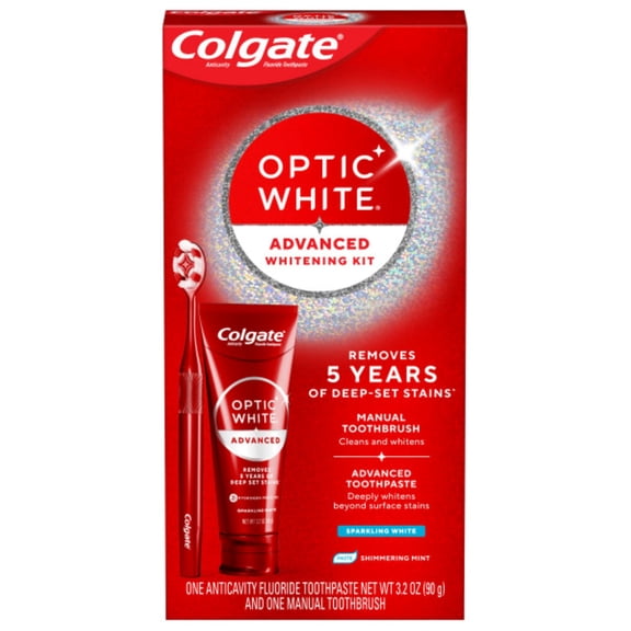 Colgate Optic White Advanced Teeth Whitening Toothpaste and Adult Whitening Toothbrush Kit