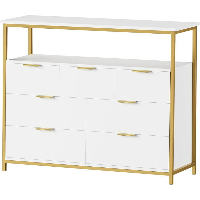 Modern 7 Drawer Dresser, White Dresser with Metal Handles, White and Gold Dresser, Tall Dresser Chest of Drawers, Large Capacity Chest Storage Organizer for Living Room, Entryway, White.