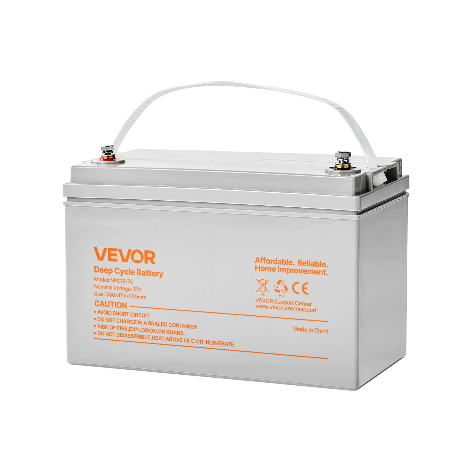 VEVOR 12V 75Ah Deep Cycle Battery, Sealed AGM Technology, Rechargeable Lead Acid AGM Battery, Backup Replacement for Scooters, Electric Mobility Wheelchair, Solar System Off-Grid Home Energy Storage