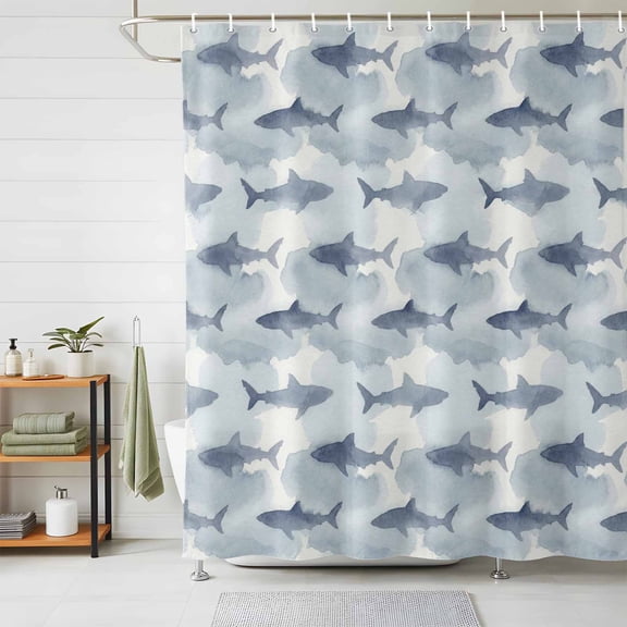 Shower Curtains for Bathroom, Blue Sharks Coastal Waterproof Fabric Shower Curtain, Summer Beach Ocean Nautical Decorative Bathroom Curtain for Bathtub, 72"x72", No Hooks Included
