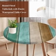 thumbnail image 5 of Round Table Cover 55-60 Inch Teal Brown Wooden Waterproof Reusable Table Cloth Round Fitted Vinyl Tablecloth with Elastic Edged for Parties Outdoors, Farmhouse Vertical Striped Art, 5 of 9