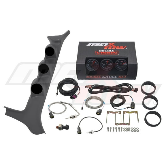 MaxTow | 1992-1997 OBS Ford F-Series 7.3 Powerstroke Gray Triple Gauge Pillar Pod with Black & Green Double Vision Series 60 PSI Boost Gauge, 1500 F EGT Pyrometer & Trans Temp Gauge