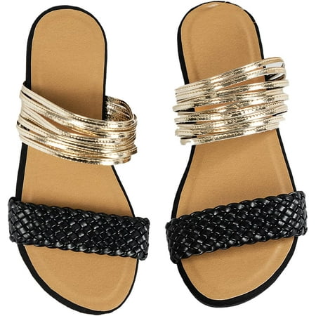 

dusa Women s Metallic Strappy Flat Sandals Summer Slide Sandals Casual Shoes Braided Black 8.5