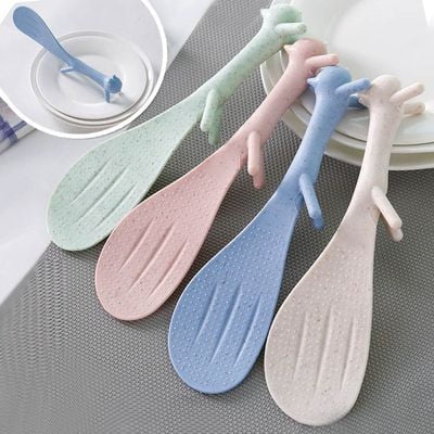 RMISODO 4 Pieces Creative Non-Stick Rice Paddle Spoon Wheat Straw Cat Shaped Standing Rice Spoon Scoop Shovel for Home Kitchen