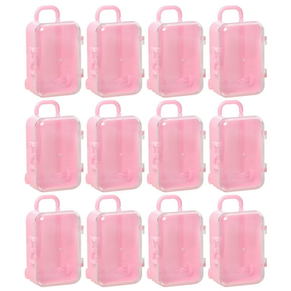 GQDIN Mini Suitcase Favor Box 12pcs Mini Luggage Travel Suitcase Candy Box Clear Plastic Rolling Trolley Case Jewelry Storage Holder for Wedding Birthday (2.75" x 2")