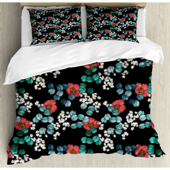 Floral Duvet Cover Set Queen Size, Vintage Style Wild Meadow Art with Peony Daisy and Leaves Pattern, Decorative 3 Piece Bedding Set with 2 Pillow Shams, Charcoal Grey and Multicolor, by Ambesonne