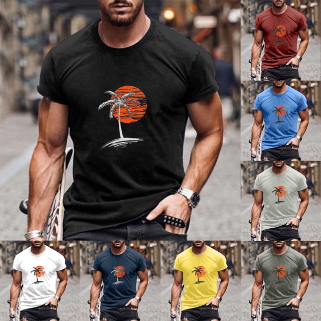 UVEASISHA T-Shirts Graphiques de Plage pour Hommes Manches Courtes Imprimé Tropical Palmier Coucher de Soleil Chandail d'Entraînement Col Rond Ajusté T-Shirts Décontractés Gym Musculation Soldes de Printemps Aujourd'hui