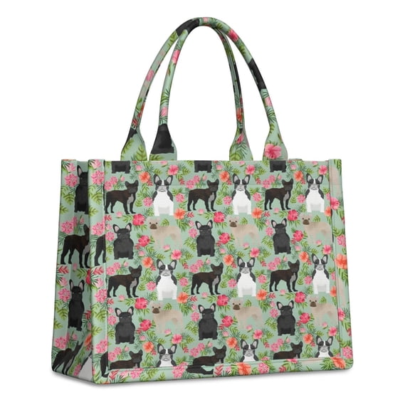Large Capacity Tote Bag,Cute Bulldog Dog and Flower Florals Handbag Fashion Luxury Tote Bag,15.7"x13"x 5.1" Inches,Laptop Compatible