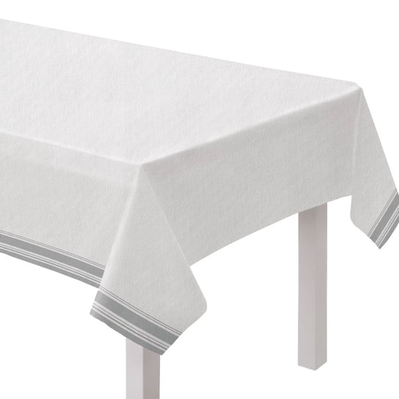 White with Silver Trim Airlaid Linen Like Banquet Tablecloth