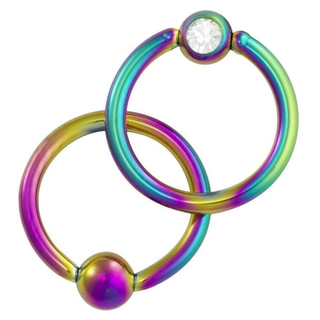 Flat Ring Cbr - 16g 5/16 Inch Surgical Steel Rainbow IP Plated Jeweled Captive Bead CBR Hoop Ring