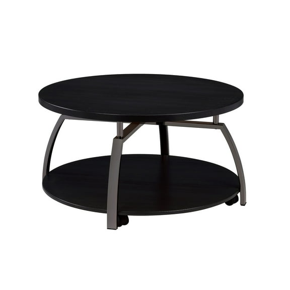 Benjara Dyn 35 Inch Round Coffee Table, 1 Shelf, Grayish Black Top, Gray Metal Leg