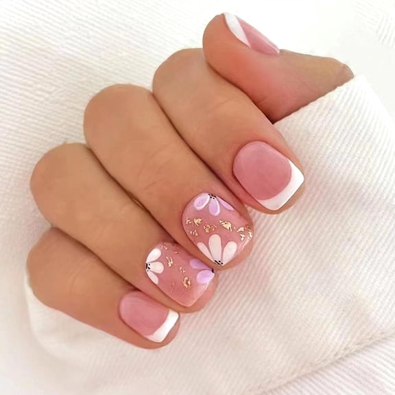 Spring Press on Nails Short Square Fake Nails White French Tip Nails Press ons Glossy Glue on Nails Nude Full Cover False Nails with White Flower Designs Artificial Stick on Nails for Women 24Pcs