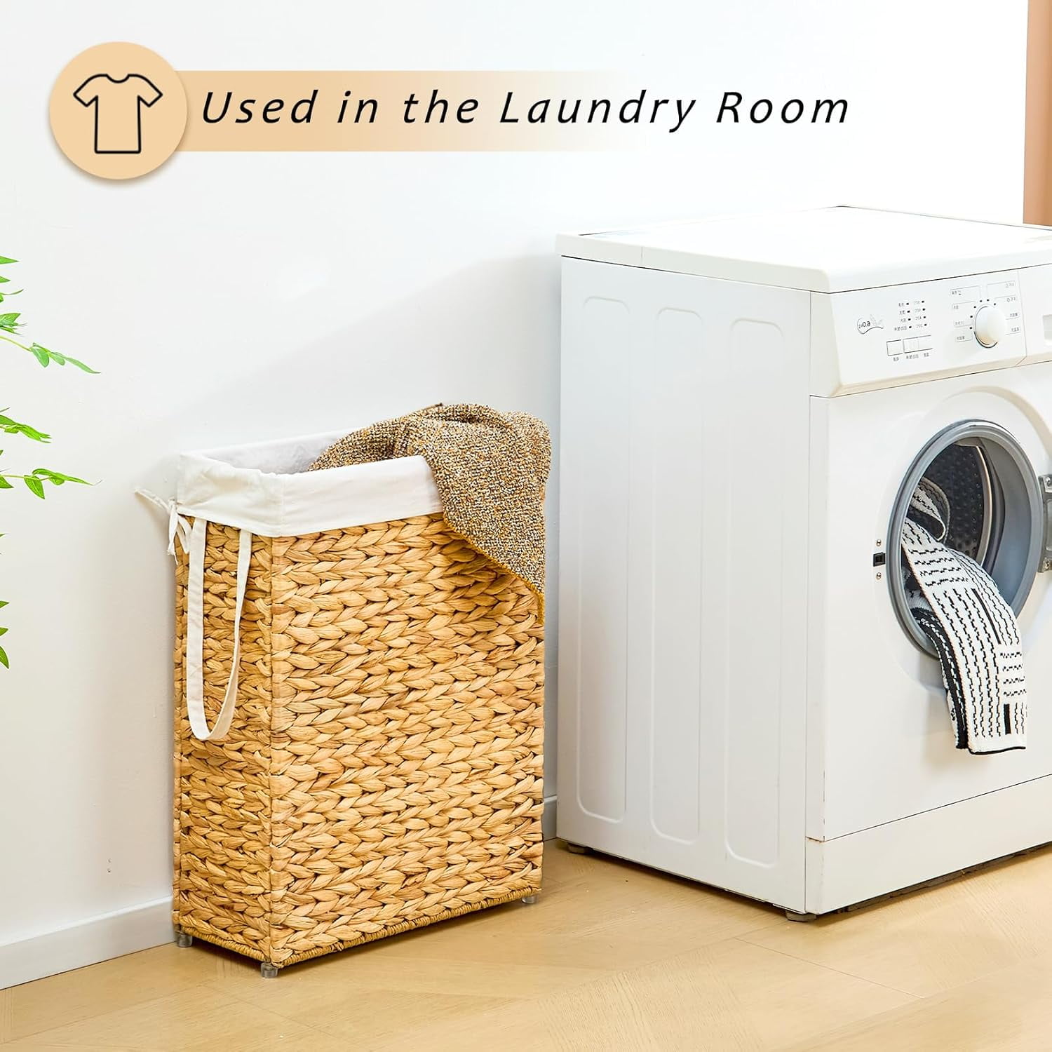 Casa Pura Furniture 55L Slim Handwoven Water Hyacinth Laundry Hamper, Narrow Wicker Laundry Basket with Handles, Removable Liner & 2 Mesh Bags