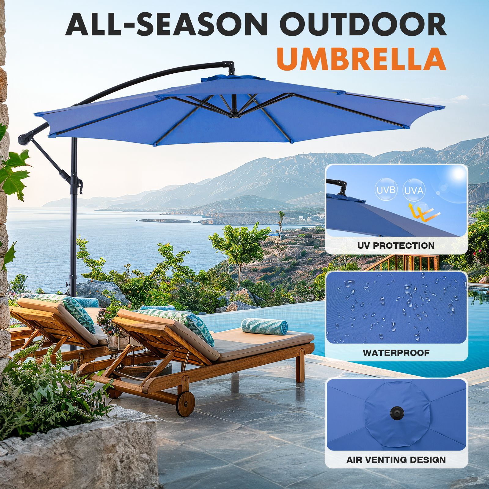 10FT Patio Umbrellas, 8 Ribs, UV Protection for Pool Garden Backyard Market, Blue