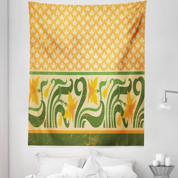 Art Nouveau Tapestry, Fresco Ornament Geometric Pattern with Exotic Daffodil Floral Border, Fabric Wall Hanging Decor for Bedroom Living Room Dorm, 5 Sizes, Orange Yellow Green, by Ambesonne