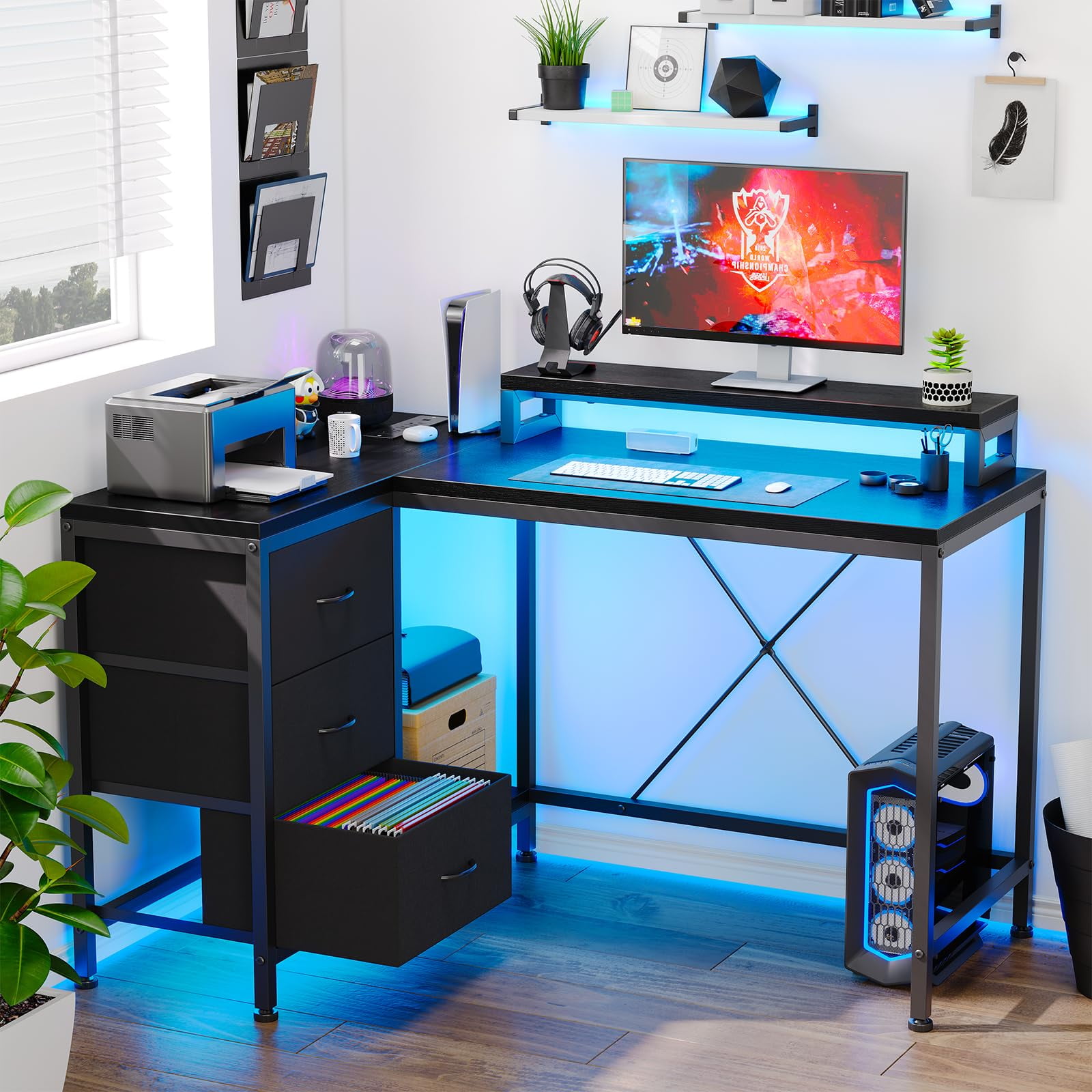 Litake L Shaped Desk with Power Outlets & LED Lights, Computer Desk with Drawers & Shelves, Corner Desk Gaming Desk Home Office Desk, Black