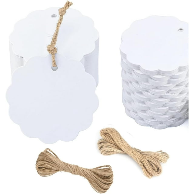 LxcshLjx 200Pcs Scalloped Gift Tags with String, 2.4" / 6cm Kraft Paper Hang Tags, Blank Personalized White Round Labels with Hole, Editable Wish Tag for DIY Craft, Gift Wrapping, Jute Twine String
