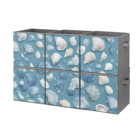 Collapsible Oxford Fabric Storage Cubes with Handles, Large Mid Foldable Oxford Cloth Bins Set of 2/6, Closet Organizers for Shelves Clothes Home Kitchen Toy - Blue Seashell