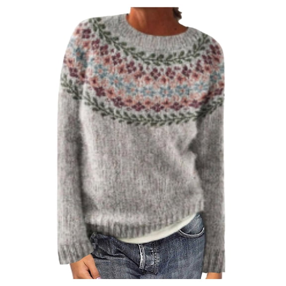 QTBIUQ Sweater Womens Casual Printed Pullover Long Sleeve Round NeckOuterwear Coats Sweaters Gray
